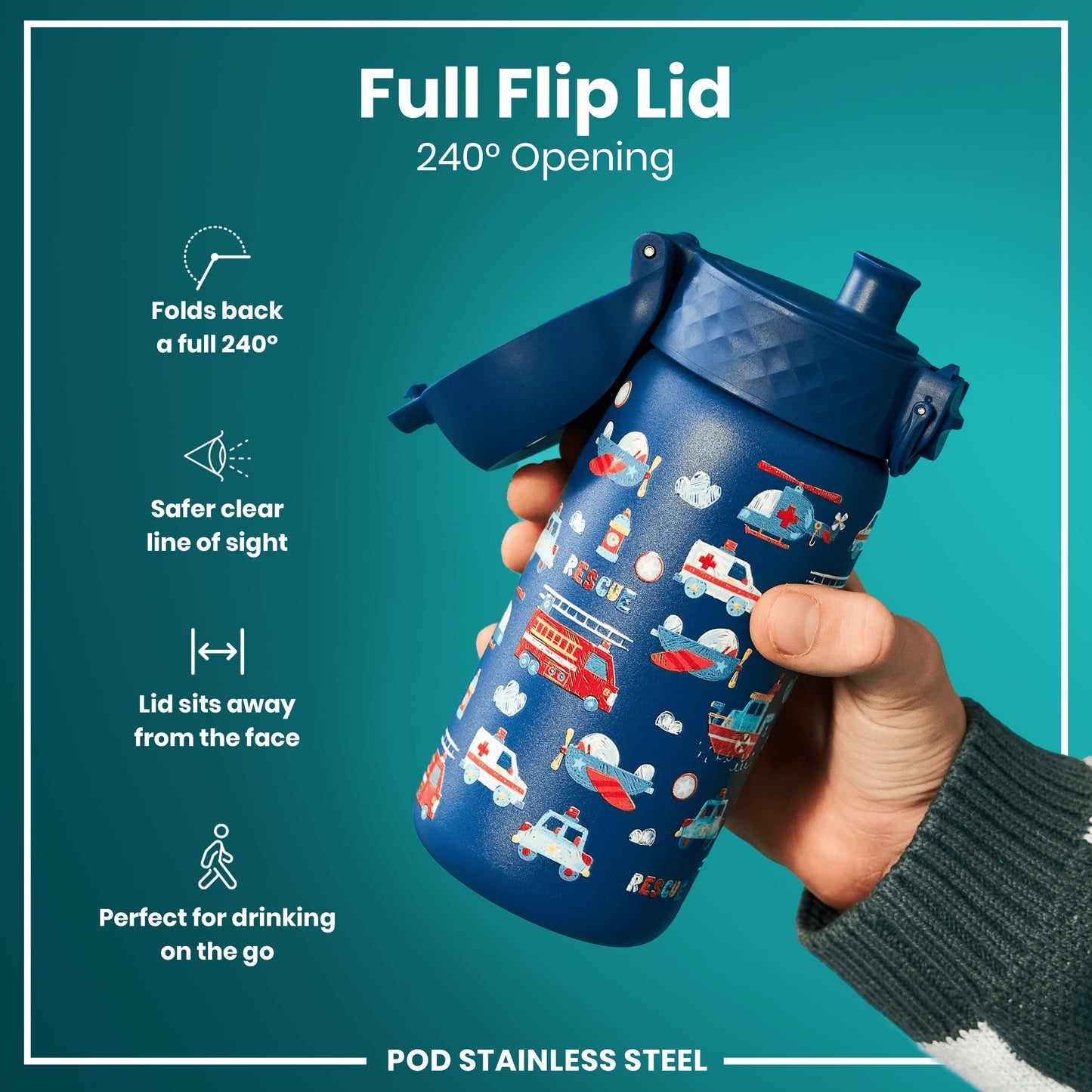 A blue, child-themed water bottle with a full flip lid is held by a person. The lid opens 240 degrees. The bottle sits against a teal backdrop.