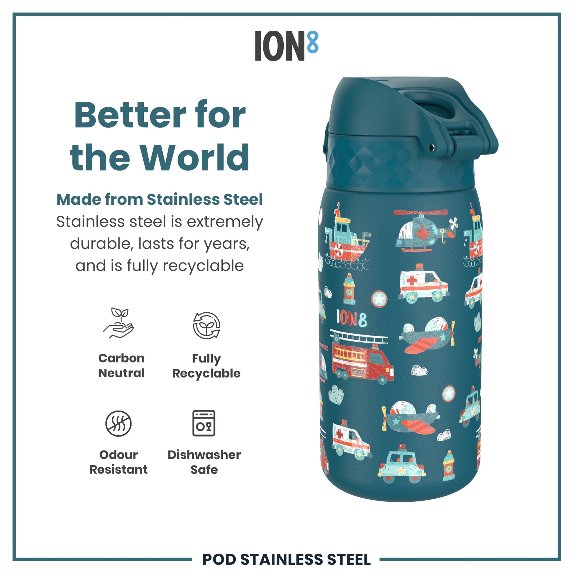 A teal stainless steel water bottle, featuring a child-friendly transportation design, sits against a white background. The bottle is described as carbon neutral, fully recyclable, odour resistant, and dishwasher safe.