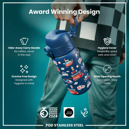 A blue, child-themed water bottle is held by a hand against a teal background; it features a hide-away handle, crevice-free design, hygiene cover, and wide mouth. The bottle is an award-winning design.