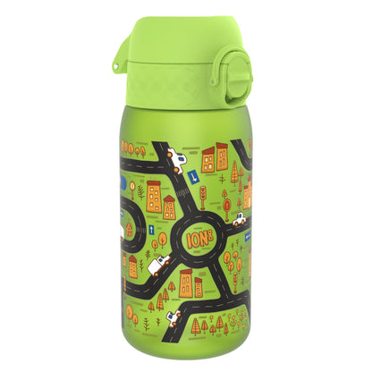 A green water bottle, featuring a city road map design, sits against a white background. ION8 is printed on the bottle.