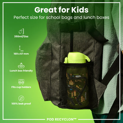 A lime-green water bottle, fitting in a gray backpack's side pocket, is perfect for children's school bags and lunch boxes; it's 350ml/12oz, 169 x 67 mm, lunchbox and cup-holder friendly, and 100% leak-proof. POD RECYCLON™