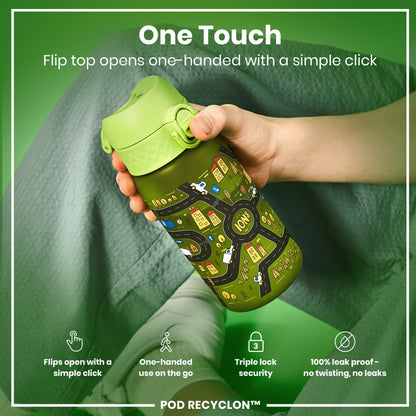 A green water bottle, with a flip top, is being held; its lid opens one-handed with a click. The bottle features a road map design. It is described as one-handed, triple lock security, and 100% leak-proof. POD RECYCLON™ is also mentioned.