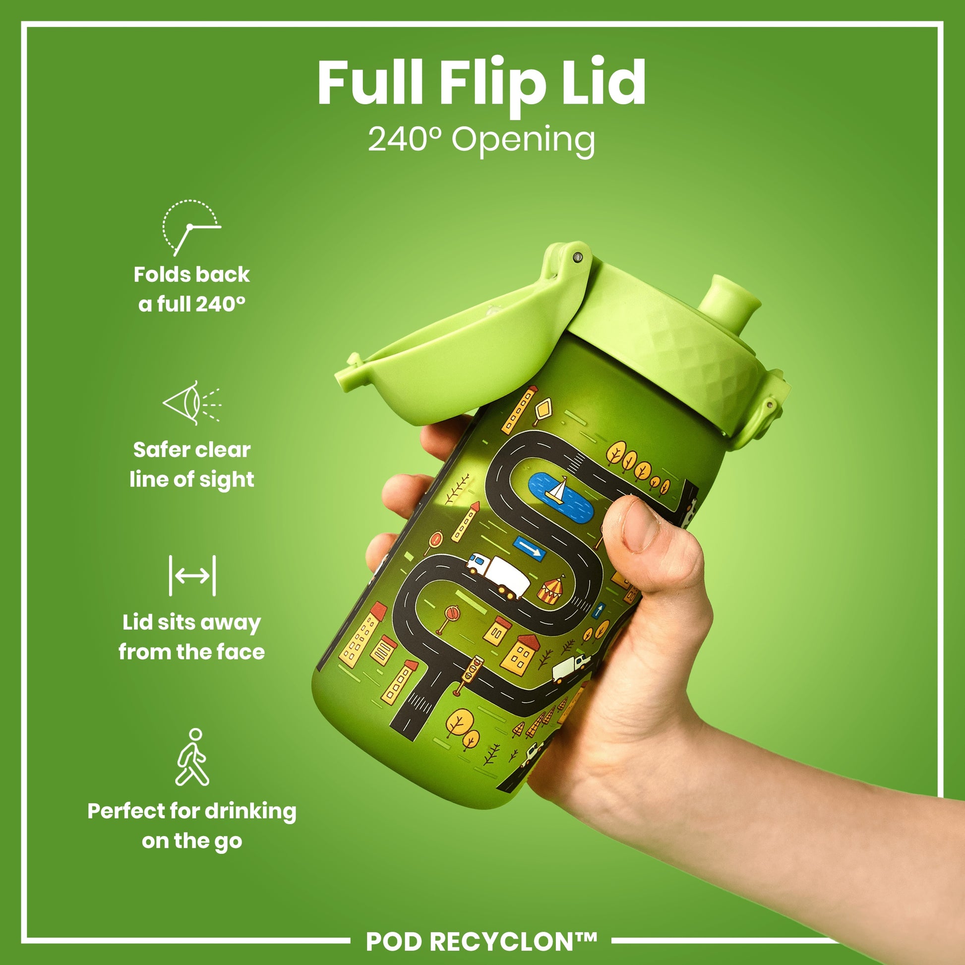 A green children's water bottle with a road map design is being held; its full flip lid opens 240 degrees. The bottle is shown against a solid green background. "POD RECYCLON™" is printed at the bottom.