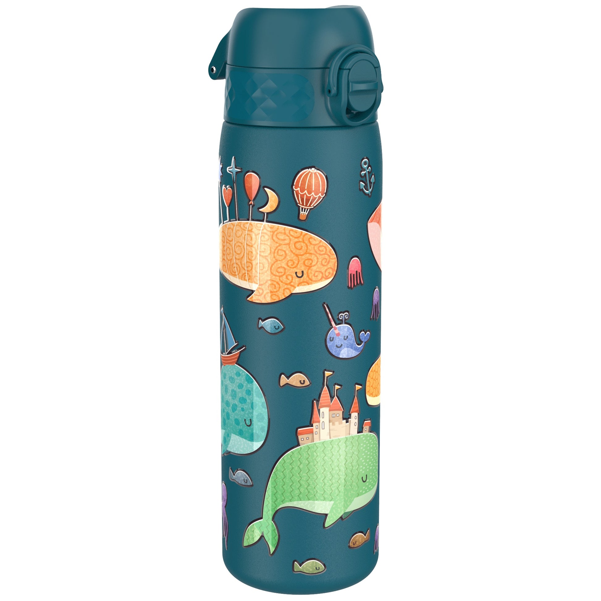 A teal water bottle, featuring a whimsical ocean-themed design of whales, castles, and hot air balloons, sits against a white background.