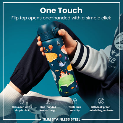 A child holds a teal water bottle featuring whimsical ocean-themed graphics. The bottle's flip top opens easily with one hand. The background is teal. "One Touch. Flip top opens one-handed with a simple click."