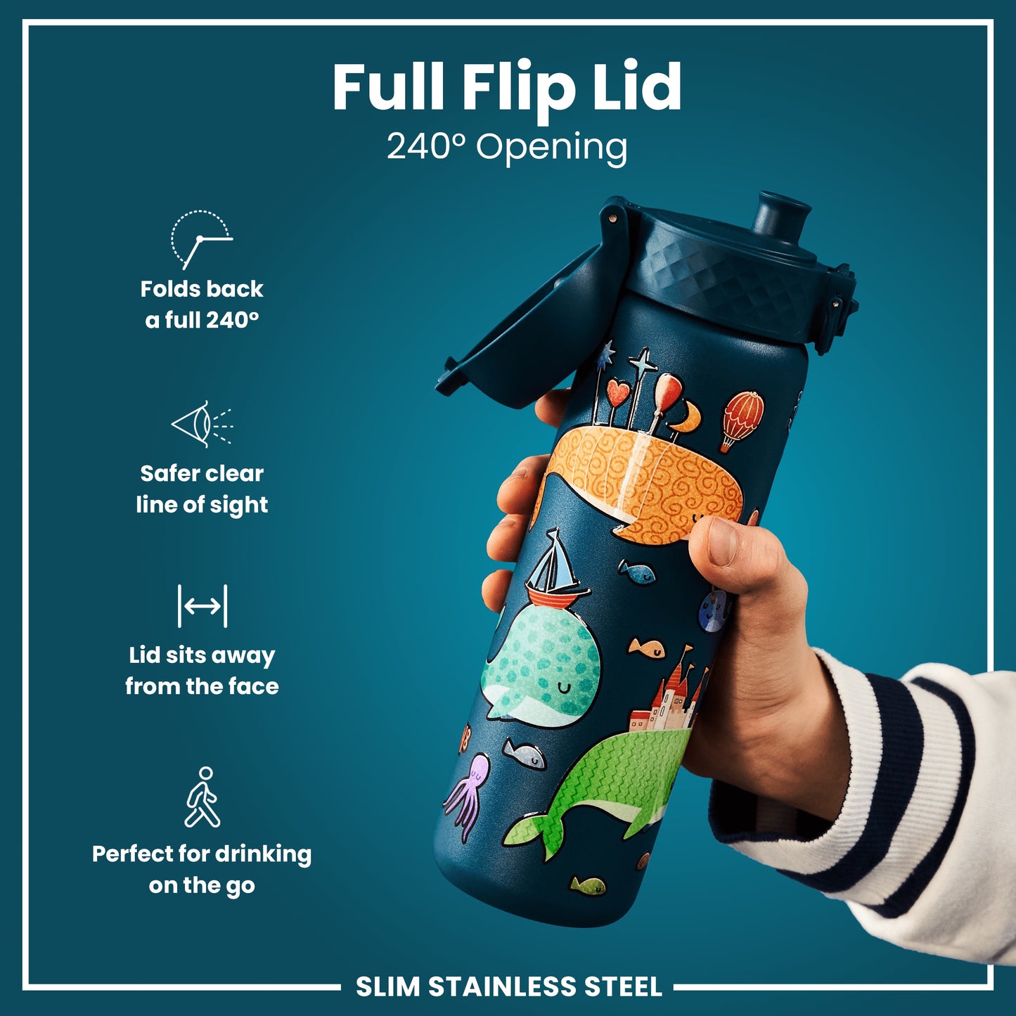 A teal-colored, slim stainless steel water bottle, featuring a whimsical ocean design, is held; its full flip lid opens 240°.