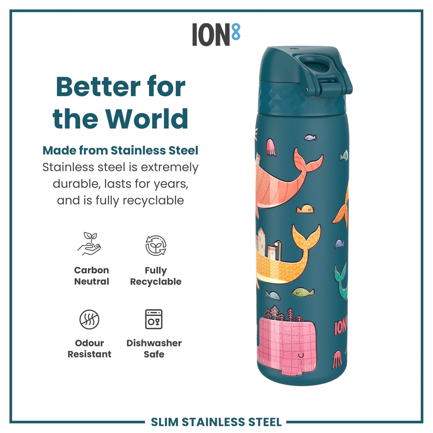 A teal stainless steel water bottle, featuring a whimsical ocean design, sits against a white background. The bottle is described as carbon neutral, fully recyclable, odour resistant, and dishwasher safe.