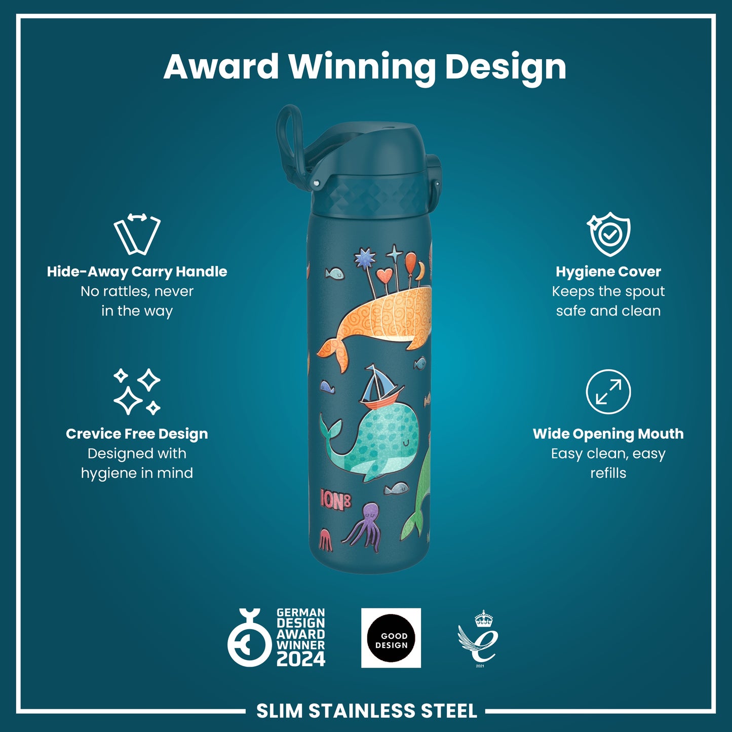 Leak Proof Slim Water Bottle, Stainless Steel, Whales, 600ml (20oz)