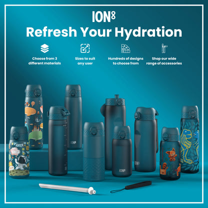 Several teal water bottles, some with illustrated designs, are arranged on a teal surface. The bottles vary in size and design; some are plain, others feature whimsical drawings. A straw and a carrying strap are also shown. "Refresh Your Hydration" is prominently displayed above.