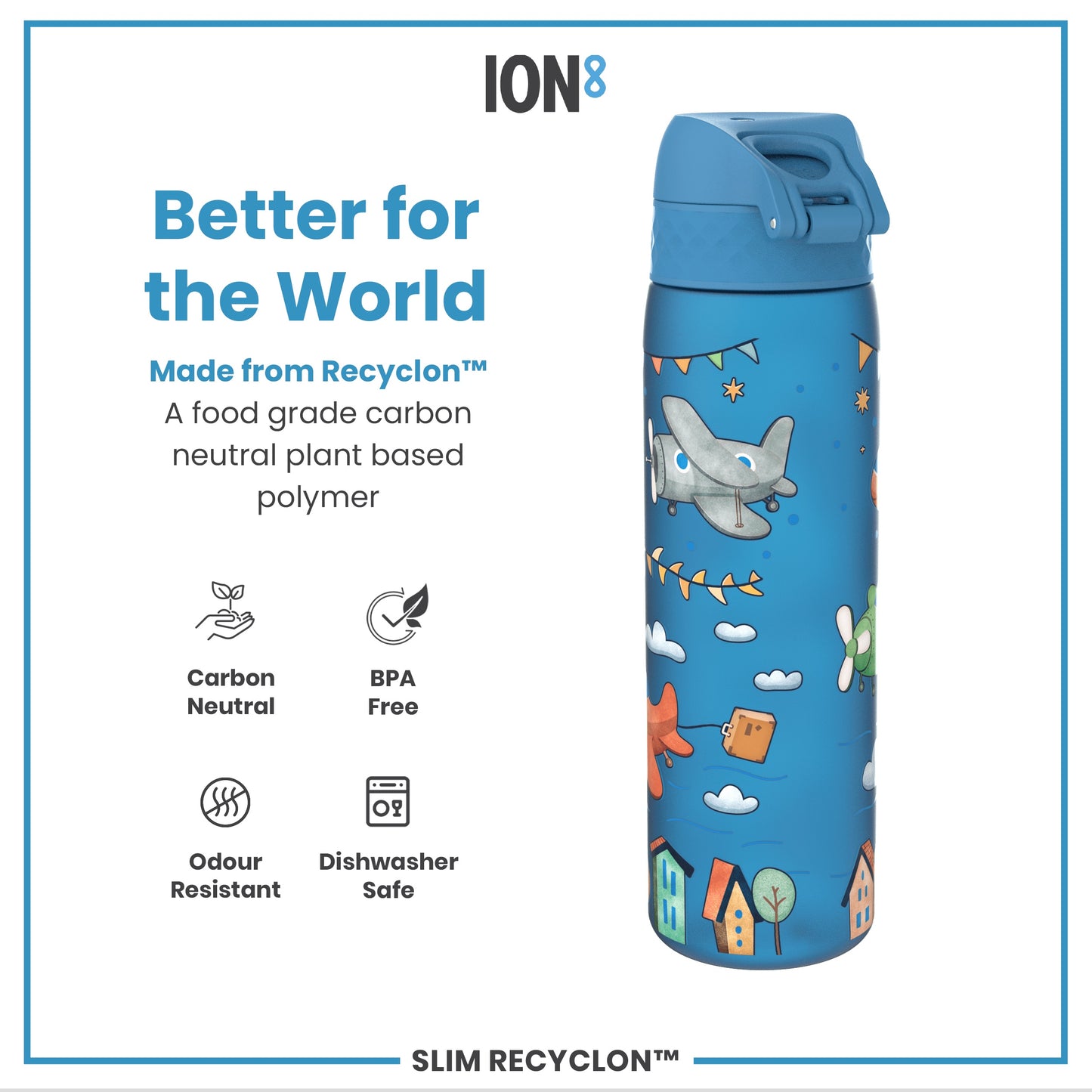 Leak Proof Slim Water Bottle, Recyclon, Airplanes, 500ml (18oz)