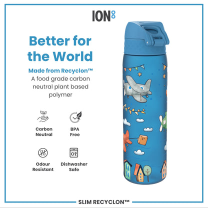 Leak Proof Slim Water Bottle, Recyclon, Airplanes, 500ml (18oz)