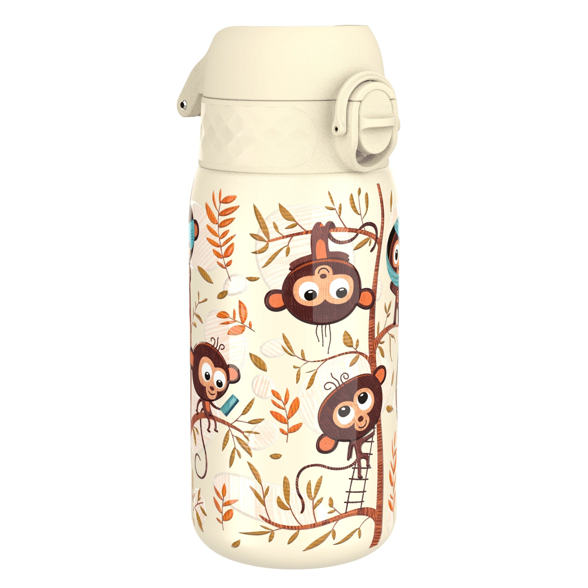 A cream-colored water bottle, featuring playful monkeys on a tree, sits on a white background.