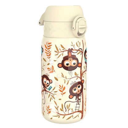 A cream-colored water bottle, featuring playful monkeys on a tree, sits on a white background.