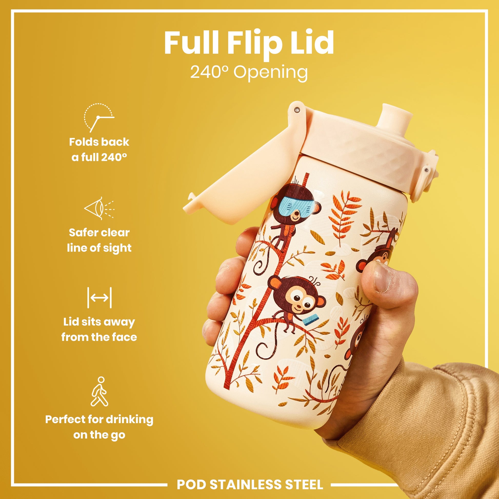 A stainless steel water bottle, featuring a 240° flip lid and a monkey design, is held in a hand. The lid folds back completely, providing a clear view. The bottle is advertised as ideal for on-the-go drinking.