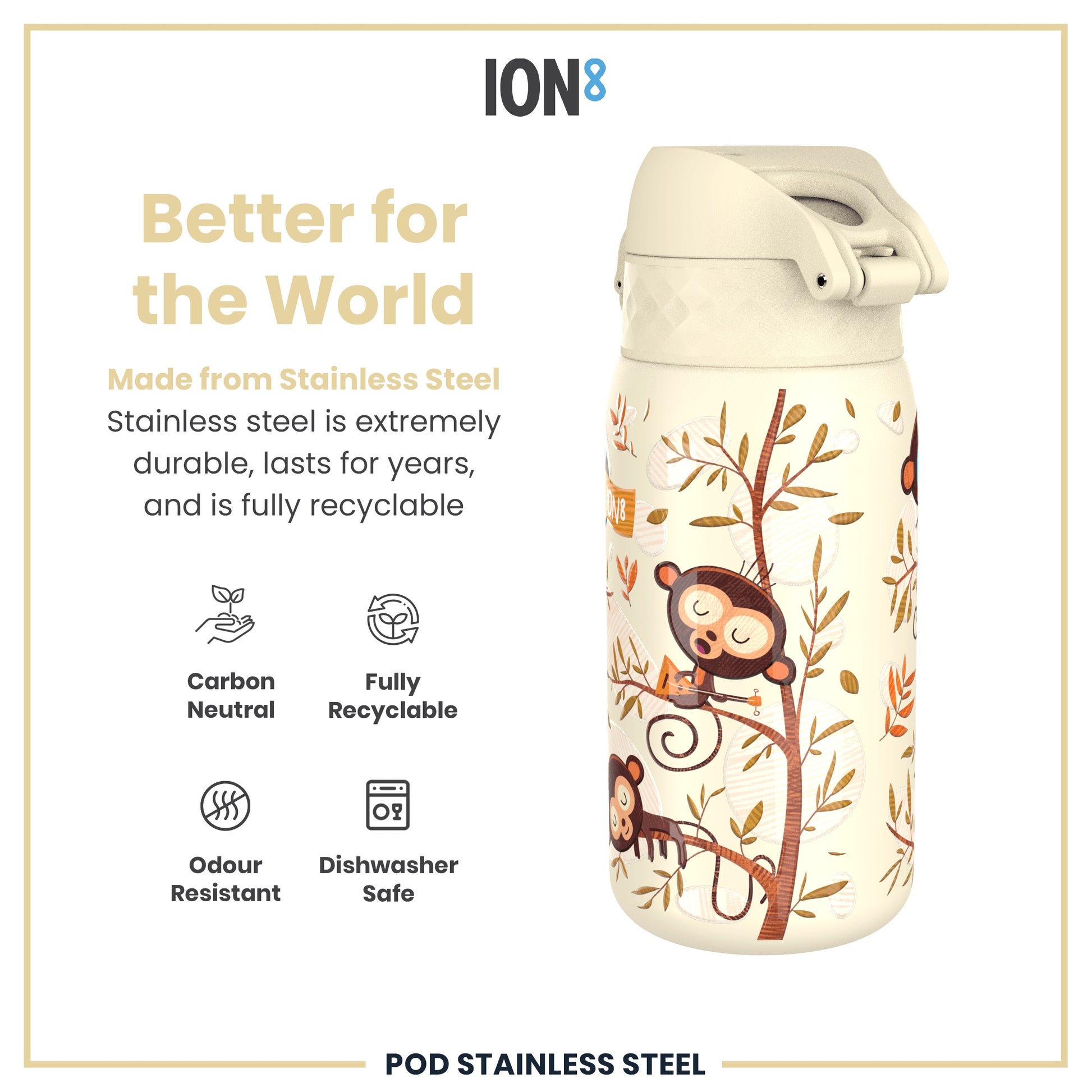 A stainless steel water bottle, featuring a whimsical monkey design, sits against a white background. The bottle is described as carbon neutral, fully recyclable, odour resistant, and dishwasher safe.