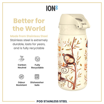 A stainless steel water bottle, featuring a whimsical monkey design, sits against a white background. The bottle is described as carbon neutral, fully recyclable, odour resistant, and dishwasher safe.