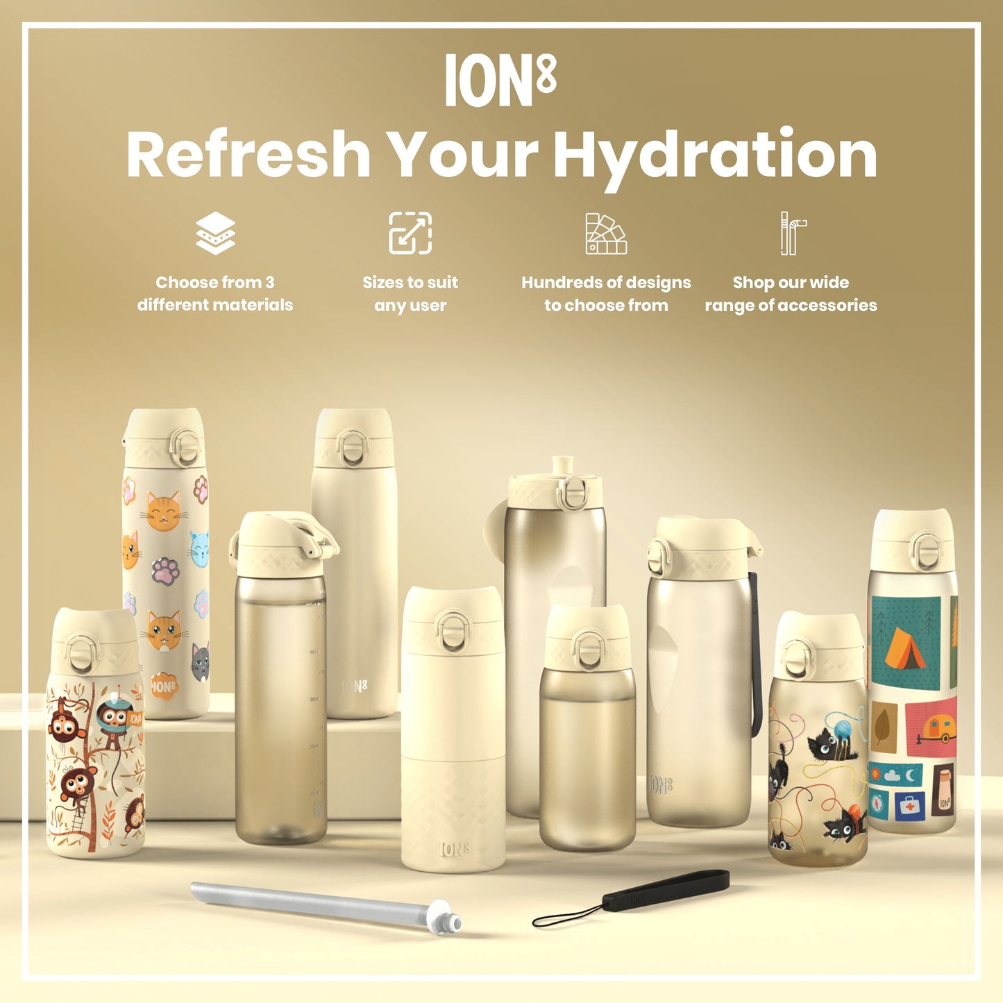 Several water bottles, displaying various designs and sizes, are arranged on a beige surface. Refresh Your Hydration. Choose from 3 different materials. Sizes to suit any user. Hundreds of designs to choose from. Shop our wide range of accessories.