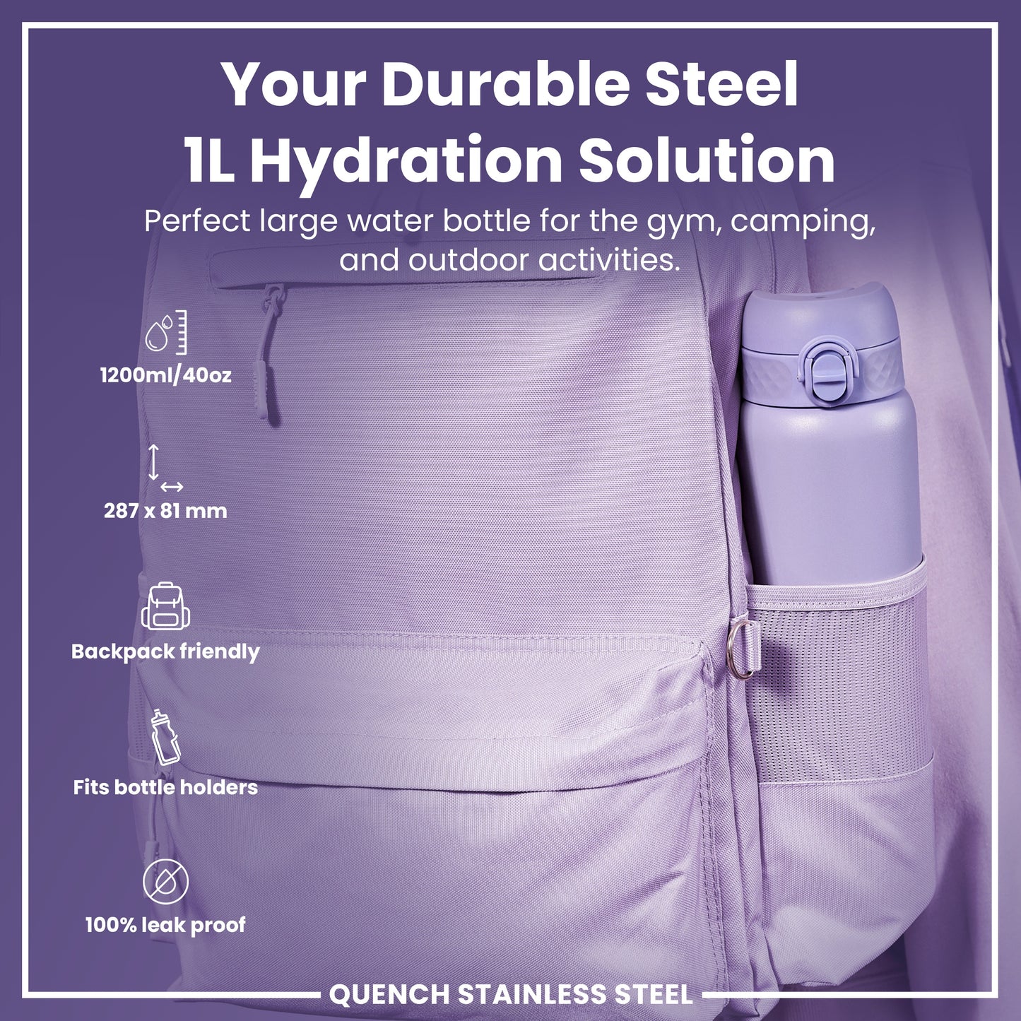 Leak Proof 1 Litre Water Bottle, Stainless Steel, Light Purple, 1L