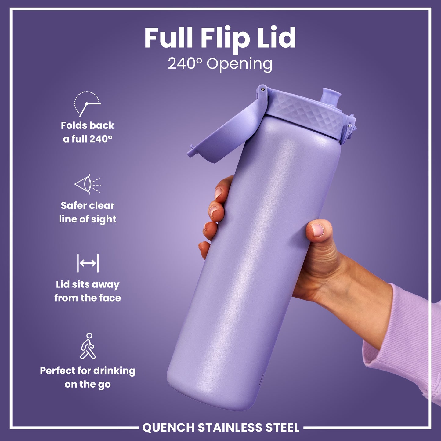 Leak Proof 1 Litre Water Bottle, Stainless Steel, Light Purple, 1L