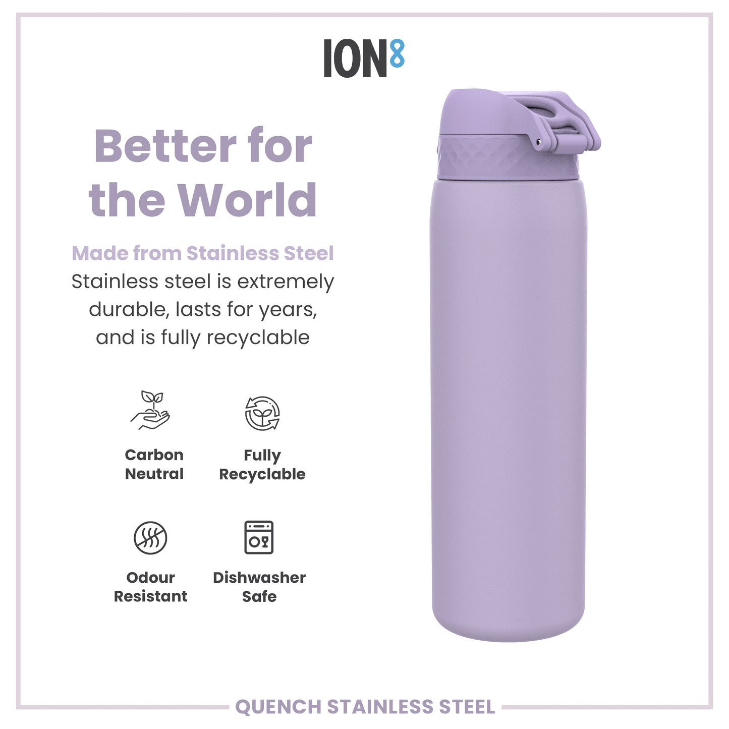 Leak Proof 1 Litre Water Bottle, Stainless Steel, Light Purple, 1L