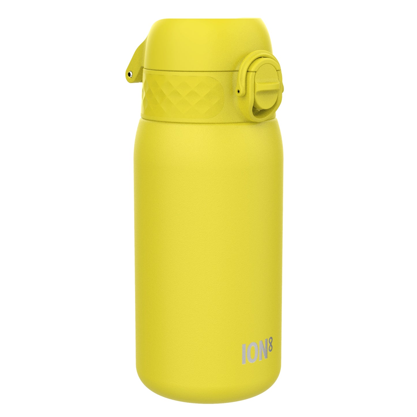 A yellow ION8 water bottle sits on a white background. The bottle is closed with a hinged lid.