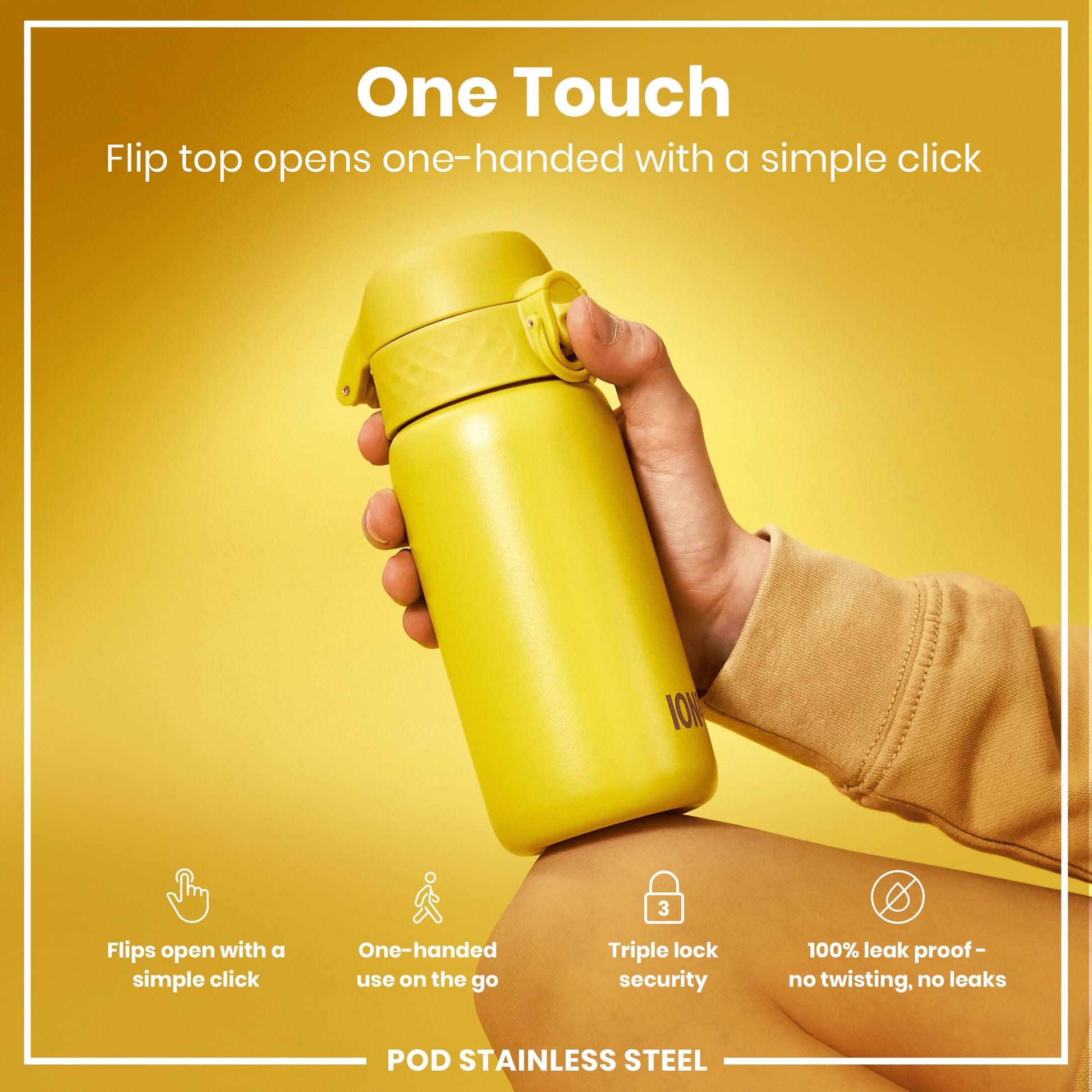 A yellow stainless steel water bottle is held; its flip top opens with a one-handed click. The bottle features triple lock security and is 100% leakproof. The background is yellow.