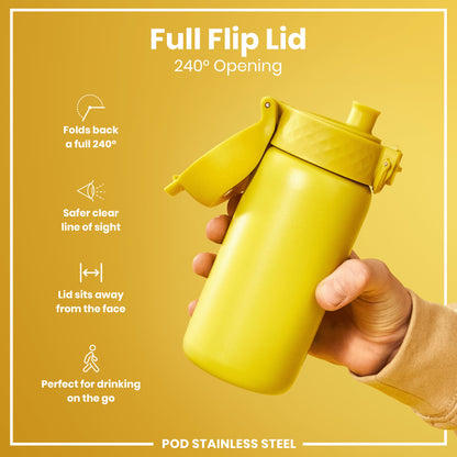 A yellow water bottle, with a 240° opening lid, is held in a hand against a yellow background. The lid folds back completely for easy access and a safer drinking experience while on the go; it is made of stainless steel.