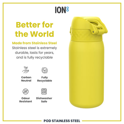 A yellow stainless steel water bottle sits against a white background. The bottle is advertised as durable, recyclable, odour-resistant, and dishwasher-safe. The text also highlights its carbon-neutral production.