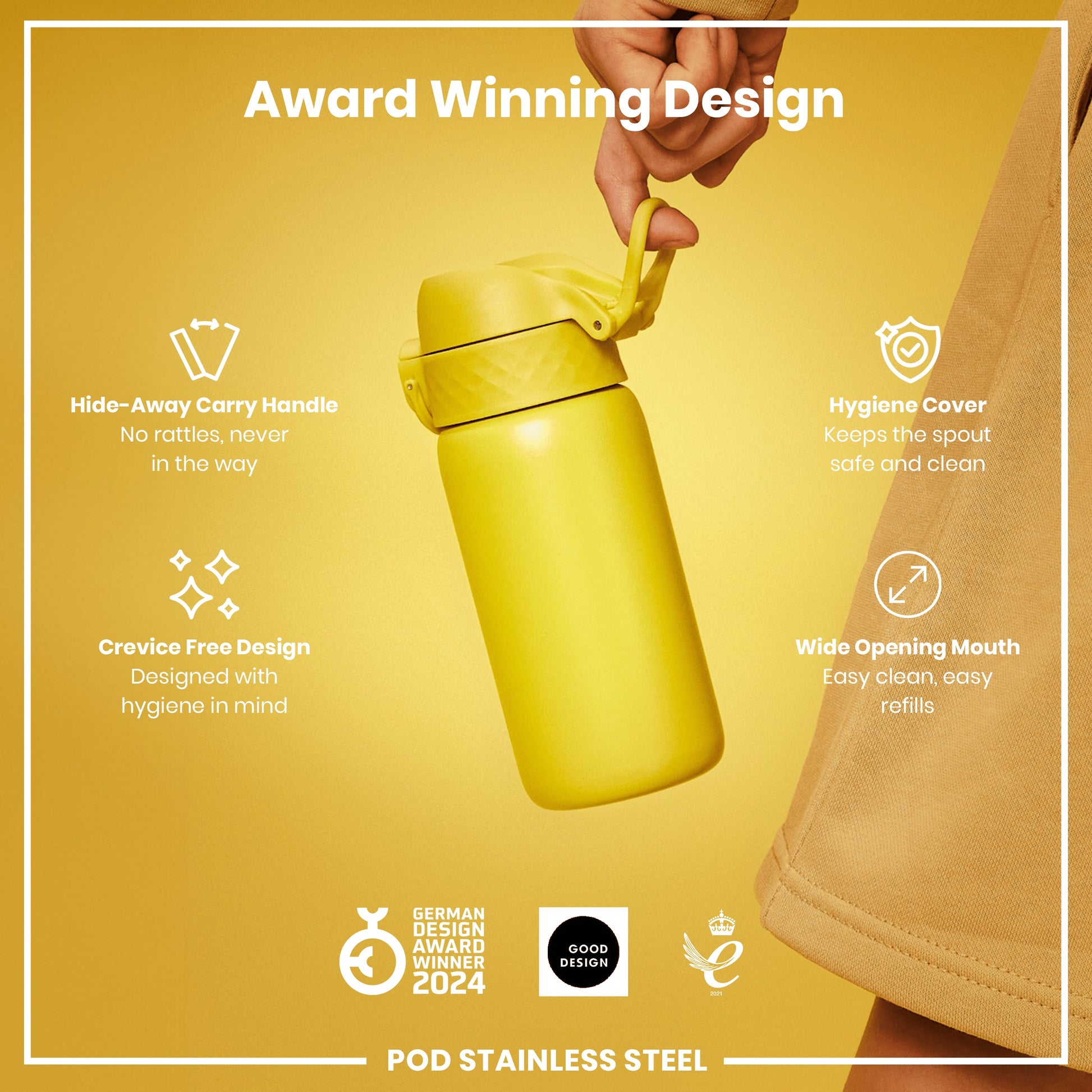 A yellow stainless steel water bottle is held; its features include a hide-away handle, hygiene cover, and crevice-free design. It is an award-winning design.