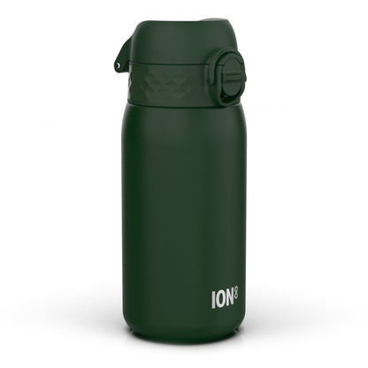 A dark-green ION8 water bottle sits on a white background. The bottle features a textured lid and a flip-top mechanism.