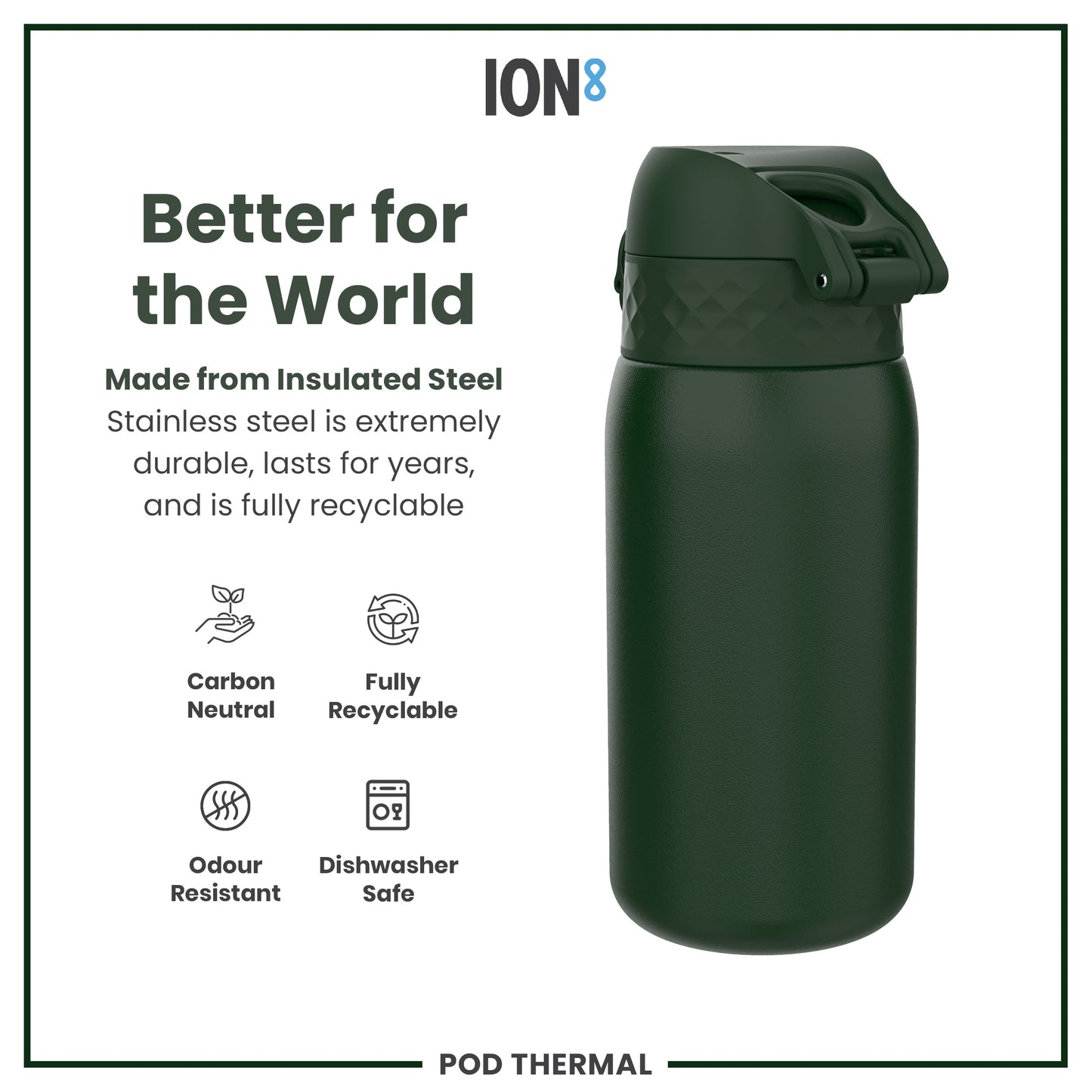 A dark-green insulated steel water bottle sits against a white background; it is made from recyclable, durable material and is dishwasher safe.