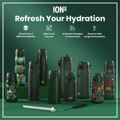 Several ION8 water bottles, in various sizes and designs, are displayed on a green surface. Accessories are also shown. Choose from 3 different materials; sizes suit any user; hundreds of designs to choose from; shop our wide range of accessories.