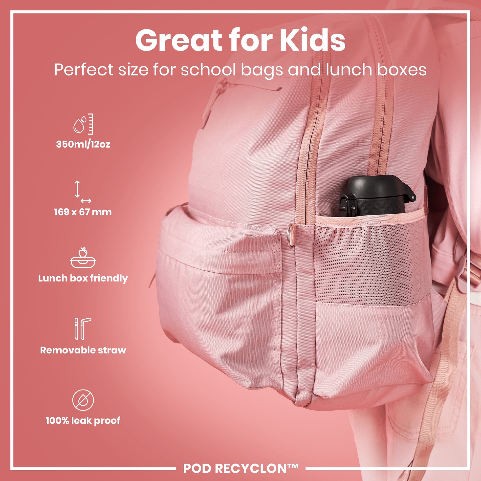 A pink backpack's external pocket holds a black water bottle; it's designed for kids' school bags and lunchboxes, featuring a removable straw and is 100% leak-proof (350ml/12oz, 169 x 67 mm).