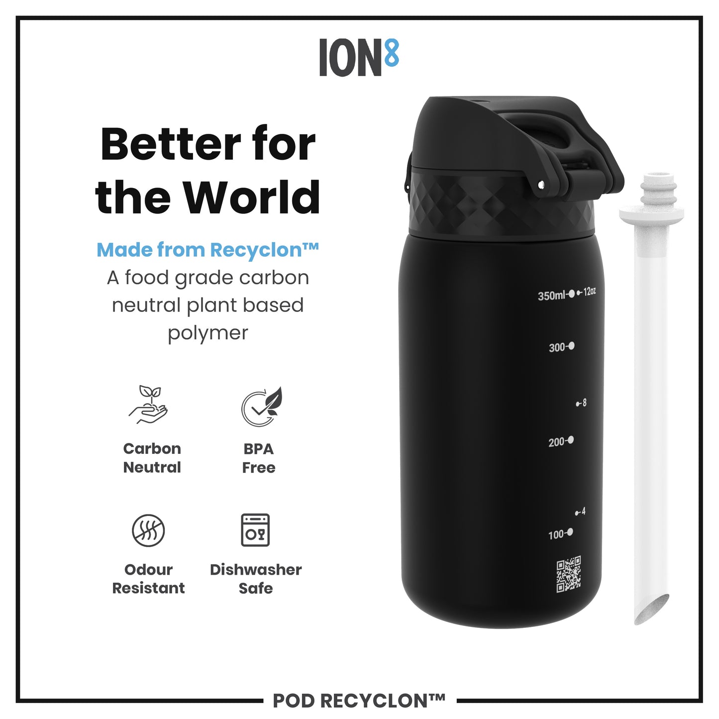 A black, cylindrical water bottle sits on a white background. It features measurement markings and a QR code. Accompanying text highlights its eco-friendly, plant-based construction.