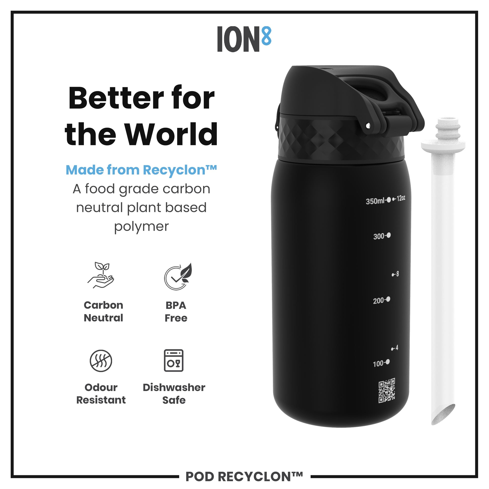 A black, cylindrical water bottle sits on a white background. It features measurement markings and a QR code. Accompanying text highlights its eco-friendly, plant-based construction.