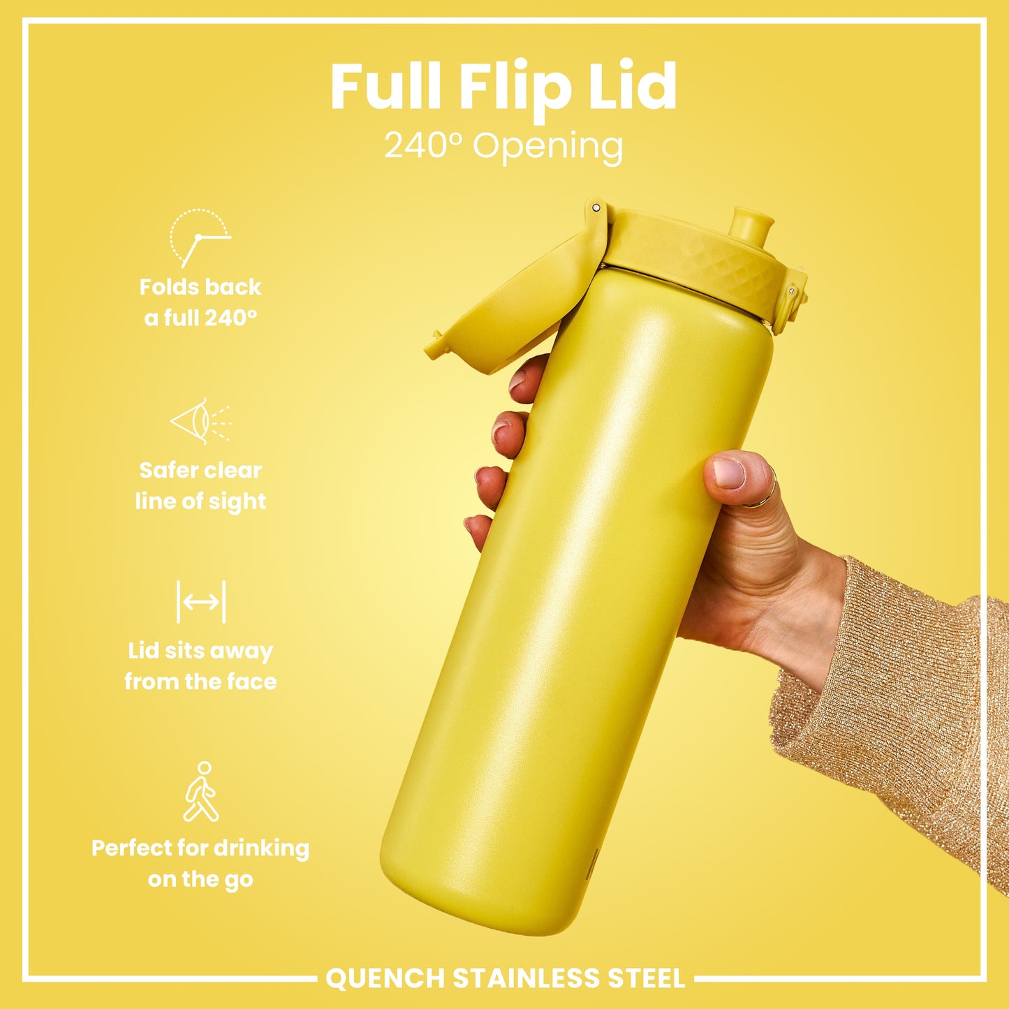 Leak Proof 1 Litre Water Bottle, Stainless Steel, Yellow, 1L