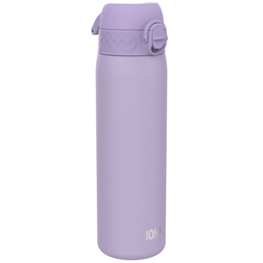 A lavender water bottle stands upright against a white background. The bottle features a textured lid and the brand name "ION8" is visible near the base.