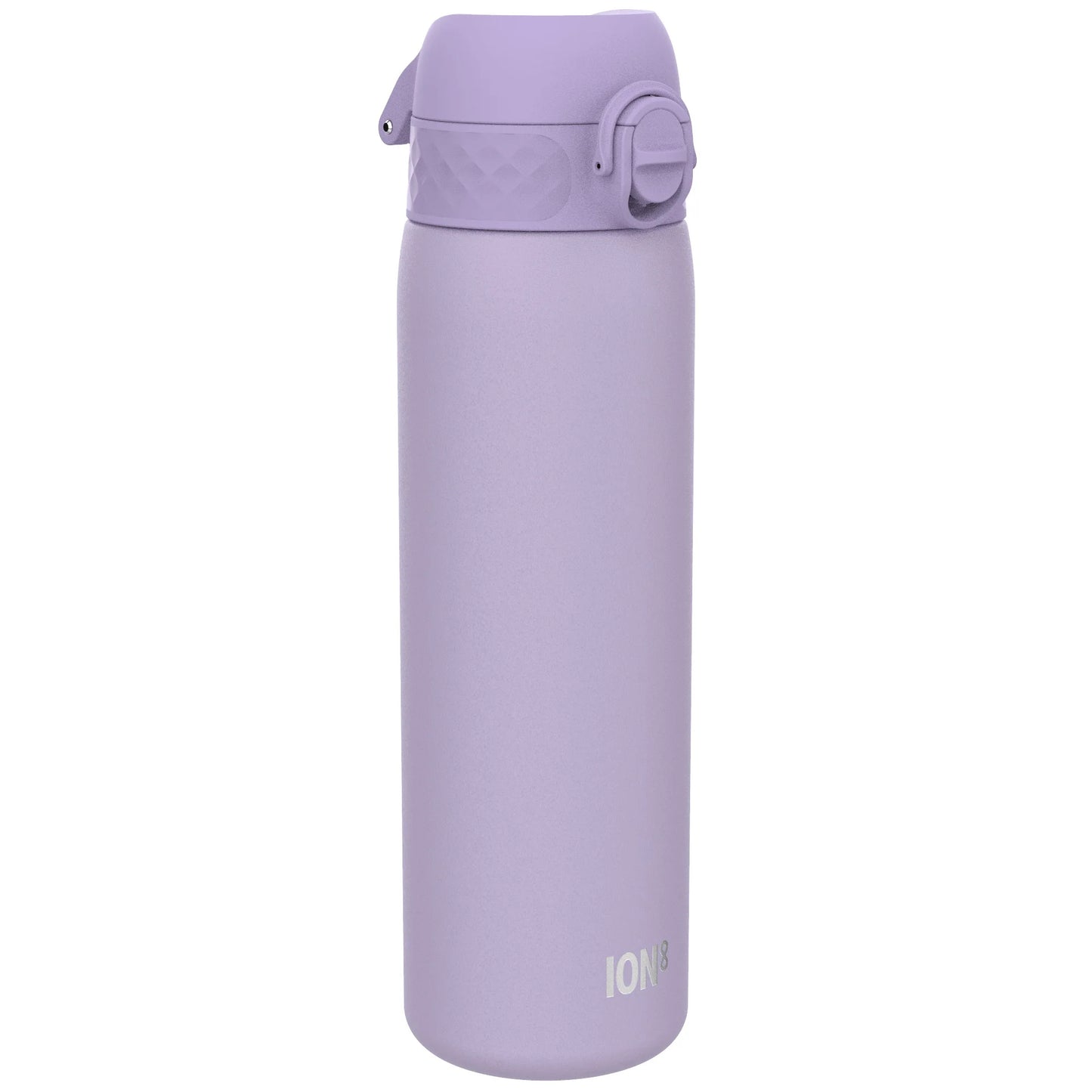 A purple water bottle with a flip-top lid standing upright on a plain white background with the text "ION8" near the base.