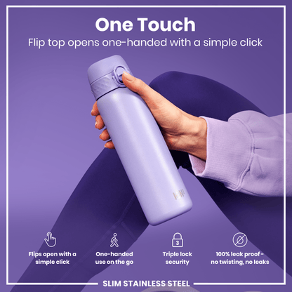 Leak Proof Slim Water Bottle, Stainless Steel, Light Purple, 600ml (20oz)