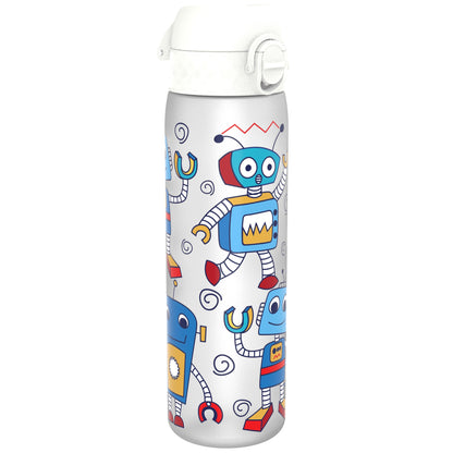 A silver water bottle, featuring cartoon robots, stands upright against a white background.