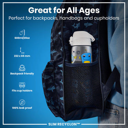 A water bottle fits inside a backpack's mesh pocket. The bottle is 600ml/20oz, 232 x 65 mm, and leakproof. The backpack is dark blue with a shark pattern. Great for all ages.