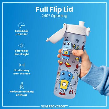 A water bottle with a robot design is being held. Its full flip lid opens 240 degrees. The bottle is advertised as perfect for on-the-go drinking. SLIM RECYCLON™.