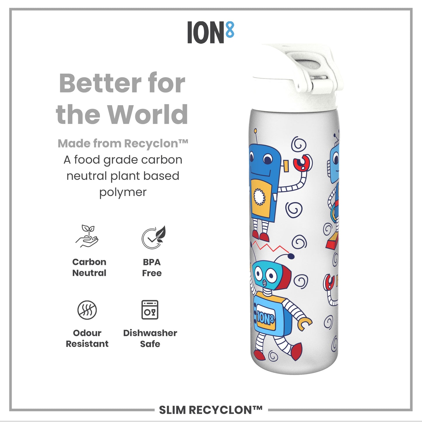 A water bottle, featuring cartoon robots, sits against a white background; it is made from a plant-based polymer, BPA-free, odour-resistant, and dishwasher-safe.