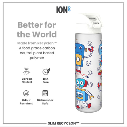 A water bottle, featuring cartoon robots, sits against a white background; it is made from a plant-based polymer, BPA-free, odour-resistant, and dishwasher-safe.