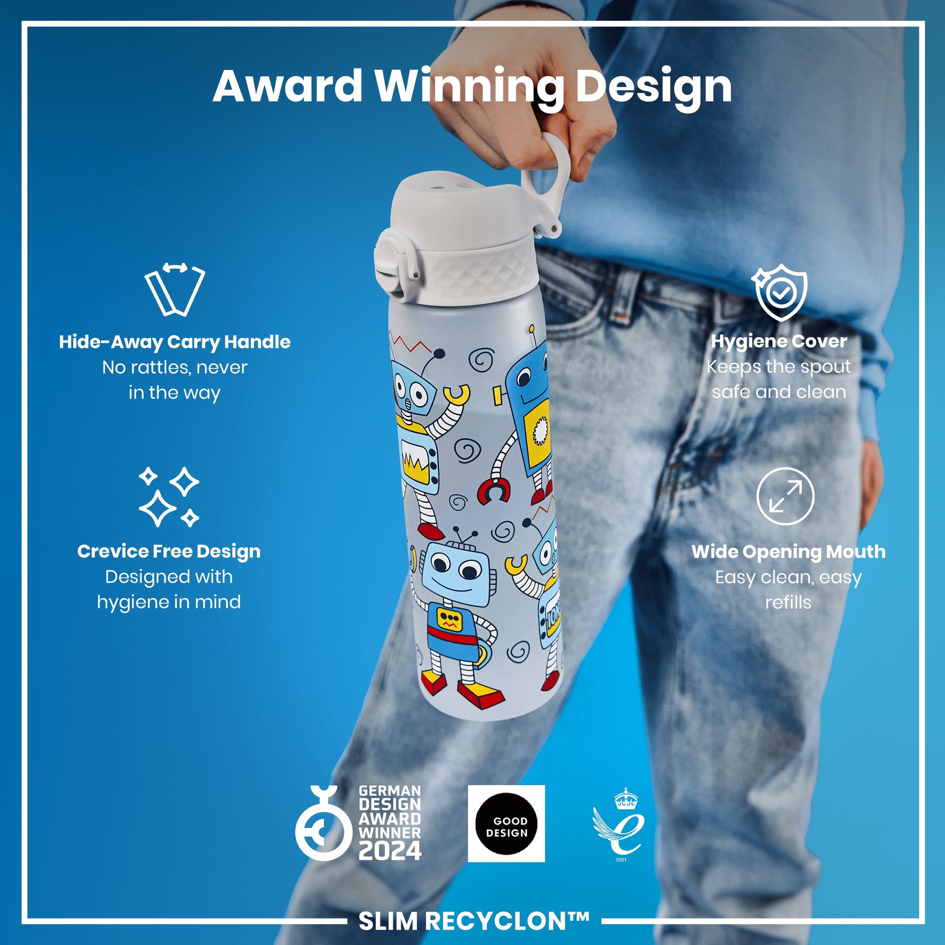 A water bottle, with a handle and robot design, is being held; it features a hide-away handle, crevice-free design, hygiene cover, and wide mouth. The bottle is an award-winning design (German Design Award Winner 2024, Good Design).