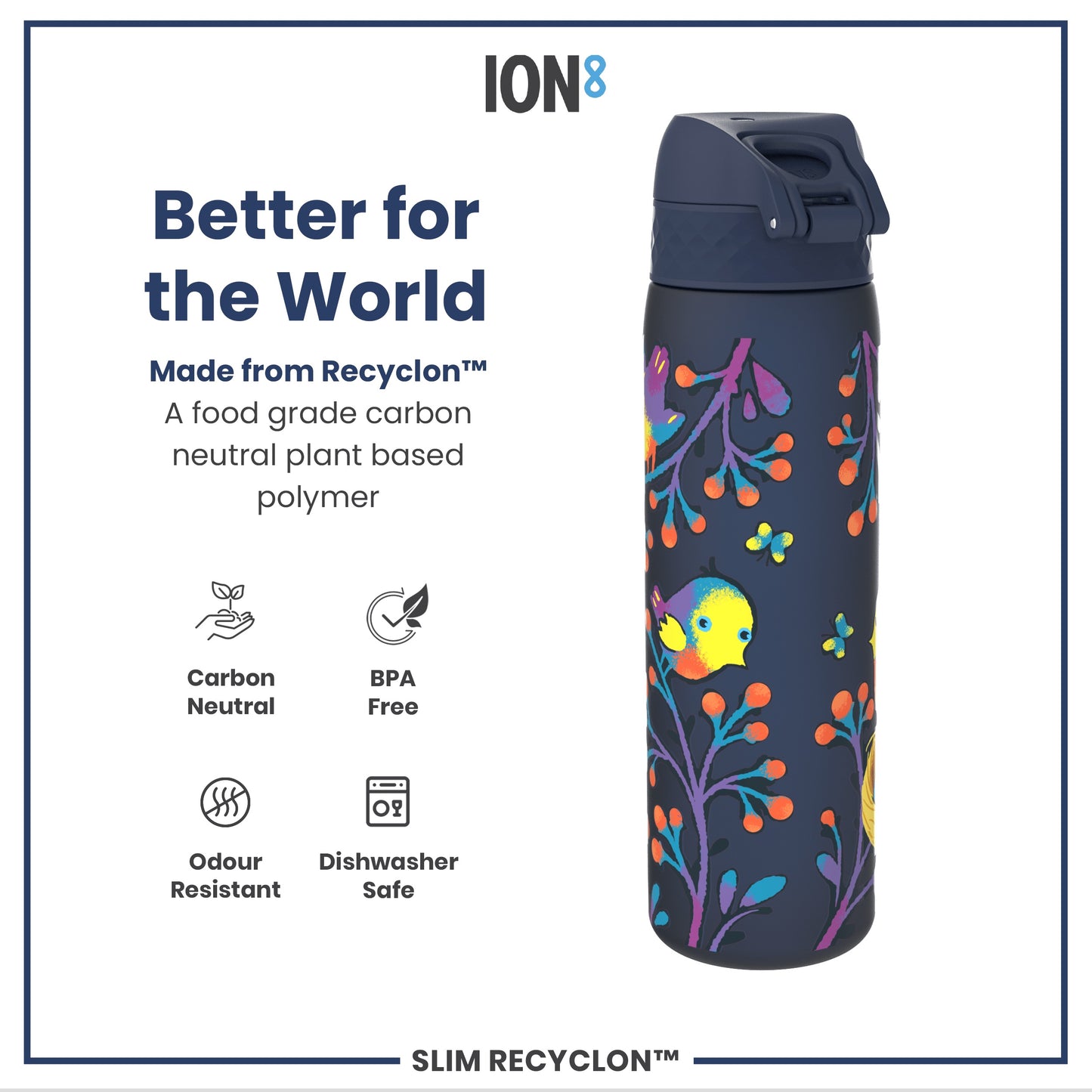 Leak Proof Slim Water Bottle, Recyclon, Birds, 500ml (18oz)