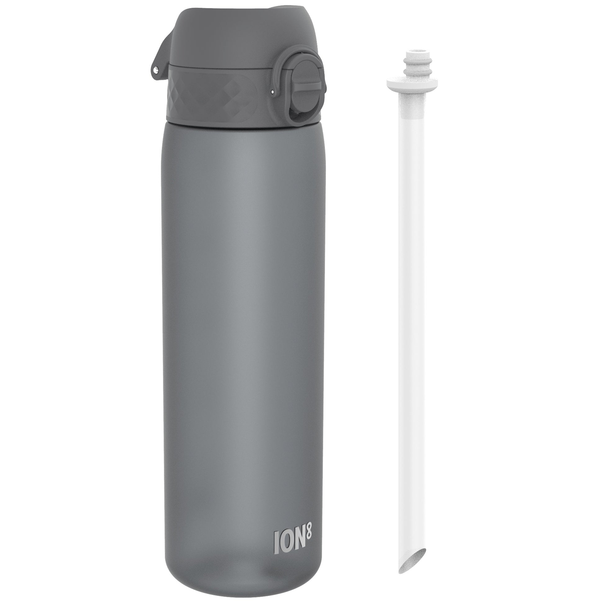 A gray water bottle, sits upright, with its cap and a separate white straw next to it, against a white background. ION8 is printed on the bottle.