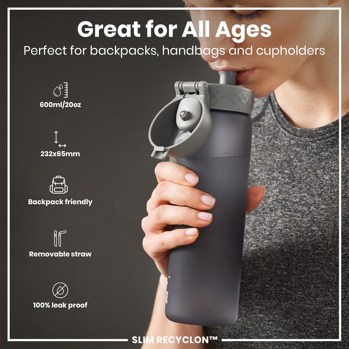 A person drinks from a dark gray, 600ml/20oz water bottle with a removable straw. The bottle is backpack friendly and leakproof. The context shows text highlighting its suitability for all ages and various carrying methods.