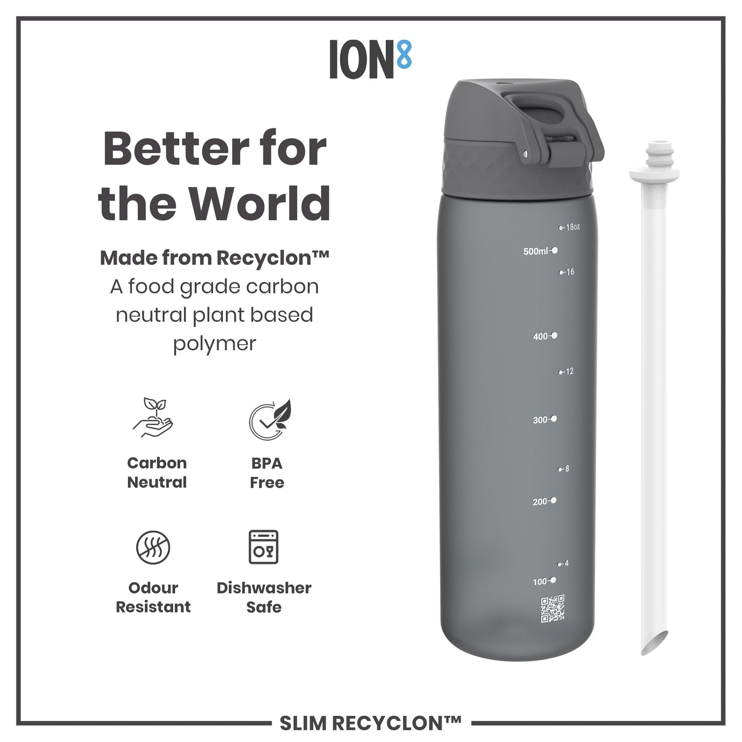 A gray water bottle sits beside a straw; it's made from a plant-based polymer, is carbon neutral, BPA free, odour resistant, and dishwasher safe.