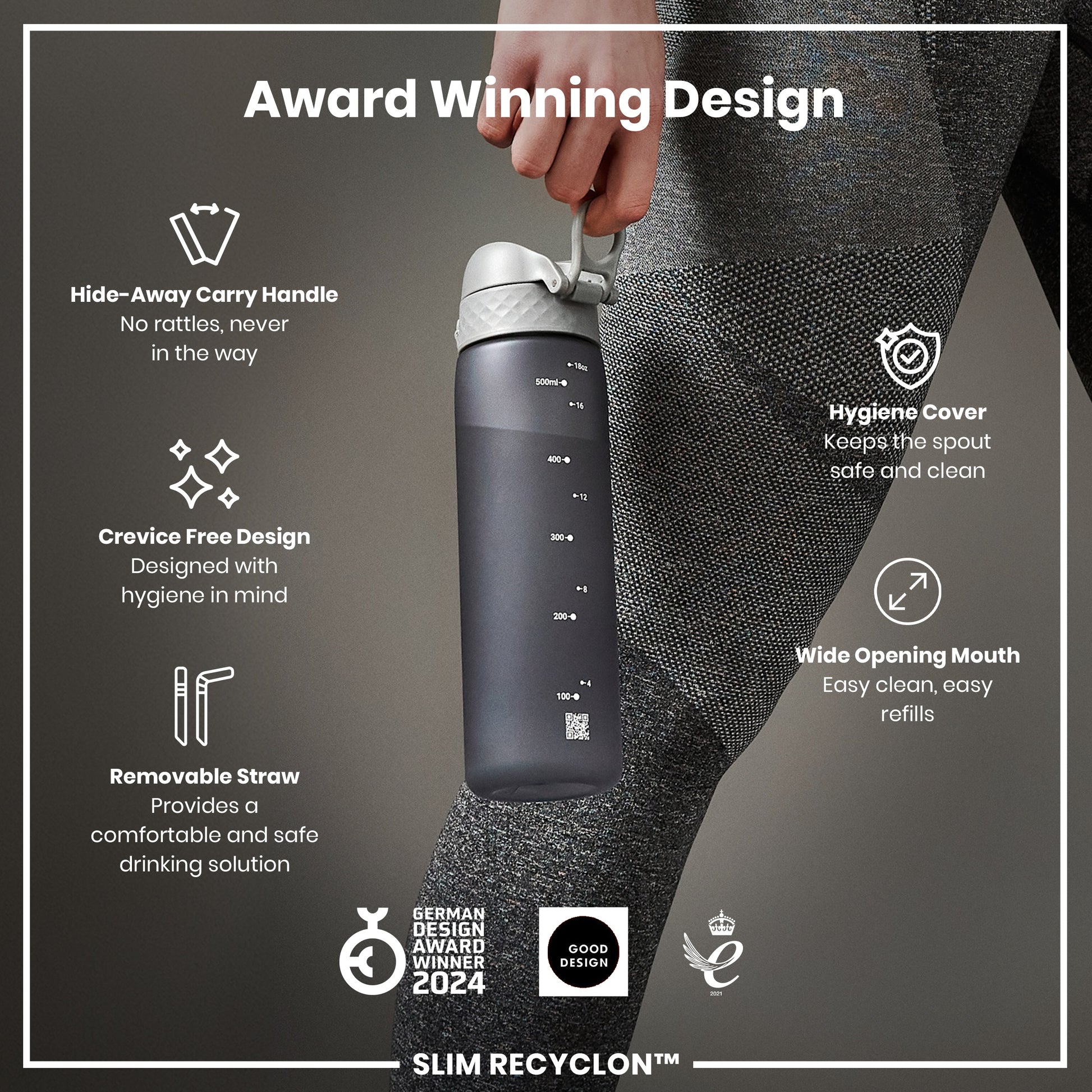 A dark gray water bottle is held; it features a handle, removable straw, and wide mouth. The bottle is advertised as an award-winning design with hygienic features. "SLIM RECYCLON™" is indicated.